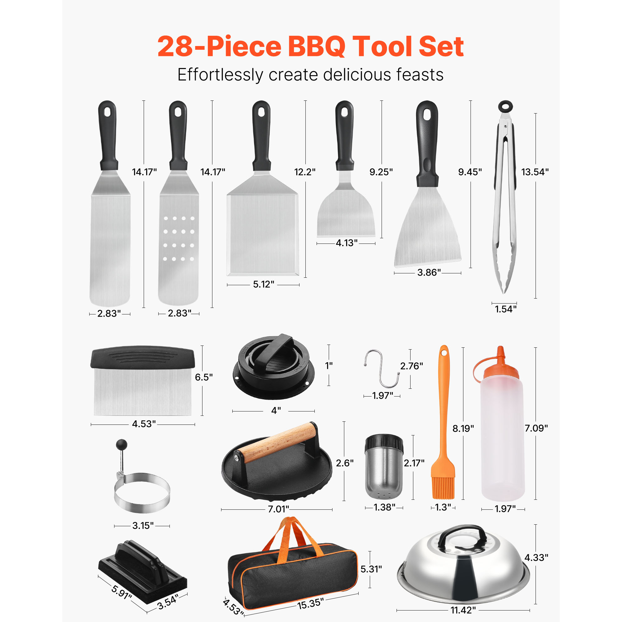 28PCS Griddle Accessories Kit Flat Top Grill Spatula BBQ Tools Stainless Steel_voghion.com
